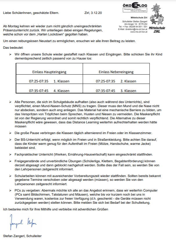 Elternbrief Neustart